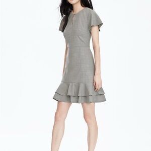 Banana Republic Heather Gray Crepe Wool Ruffled Fit And Flare Mini Dress